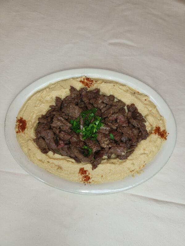 Hummus with Beef Shawarma and Pine Nuts